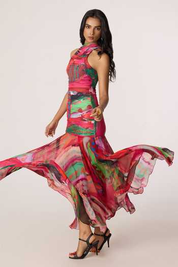 Shop_Saaksha & Kinni_Pink Chiffon, Jersey Halter Neck Gemma Pattern Maxi Dress _Online_at_Aza_Fashions