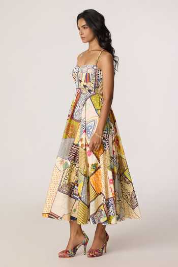 Saaksha & Kinni_Multi Color Cotton, Cambric Sweetheart Neck Marilyn Pattern Midi Dress _Online_at_Aza_Fashions