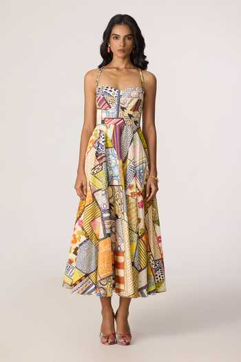 Shop_Saaksha & Kinni_Multi Color Cotton, Cambric Sweetheart Neck Marilyn Pattern Midi Dress _Online_at_Aza_Fashions