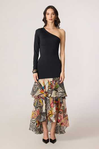Saaksha & Kinni_Black Chiffon, Lycra Ruffles One Shoulder Lima Abstract Print Dress _Online_at_Aza_Fashions