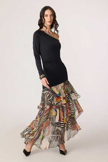 Buy_Saaksha & Kinni_Black Chiffon, Lycra Ruffles One Shoulder Lima Abstract Print Dress _Online_at_Aza_Fashions