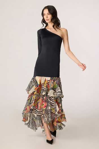Shop_Saaksha & Kinni_Black Chiffon, Lycra Ruffles One Shoulder Lima Abstract Print Dress _Online_at_Aza_Fashions