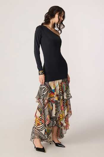 Saaksha & Kinni_Black Chiffon, Lycra Ruffles One Shoulder Lima Abstract Print Dress _at_Aza_Fashions