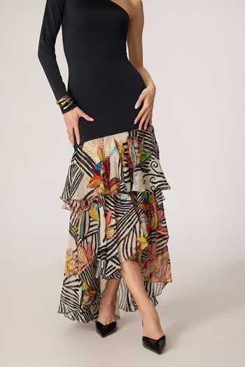 Buy_Saaksha & Kinni_Black Chiffon, Lycra Ruffles One Shoulder Lima Abstract Print Dress 
