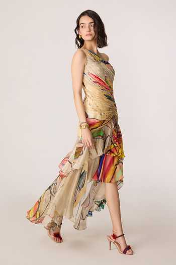 Shop_Saaksha & Kinni_Multi Color Silk, Cotton, Chiffon One Shoulder Viveka Pattern Maxi Dress _Online_at_Aza_Fashions