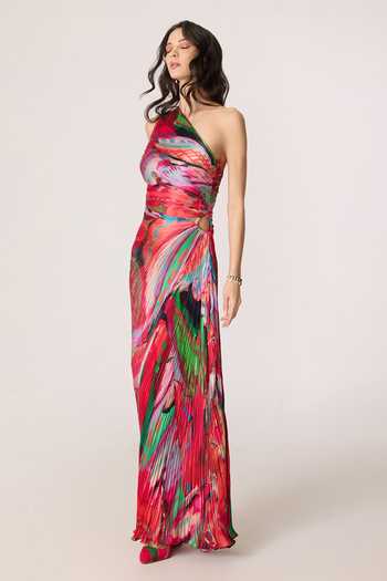 Saaksha & Kinni_Pink Satin, Polyester One Shoulder Cleo Print Draped Dress _Online_at_Aza_Fashions
