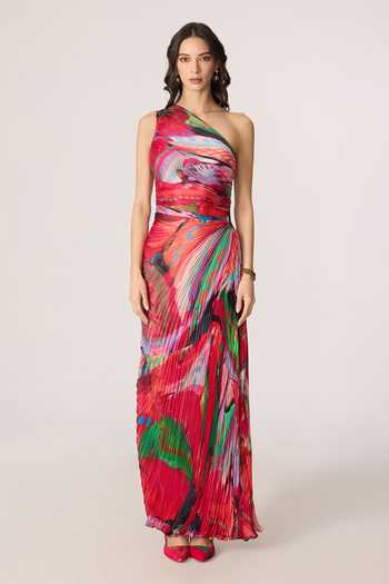Buy_Saaksha & Kinni_Pink Satin, Polyester One Shoulder Cleo Print Draped Dress _Online_at_Aza_Fashions
