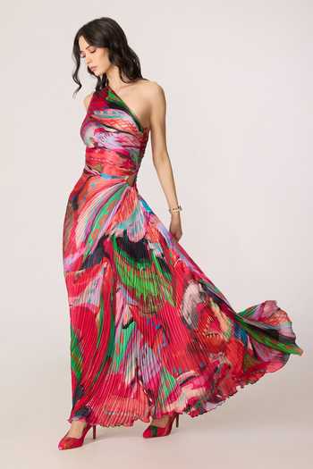 Saaksha & Kinni_Pink Satin, Polyester One Shoulder Cleo Print Draped Dress _at_Aza_Fashions