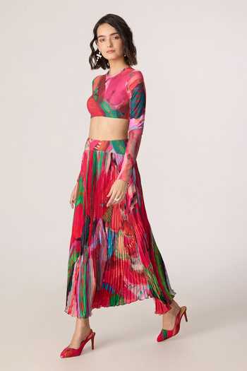 Shop_Saaksha & Kinni_Pink Chiffon, Jersey, Polyester Zora Printed Skirt _Online_at_Aza_Fashions