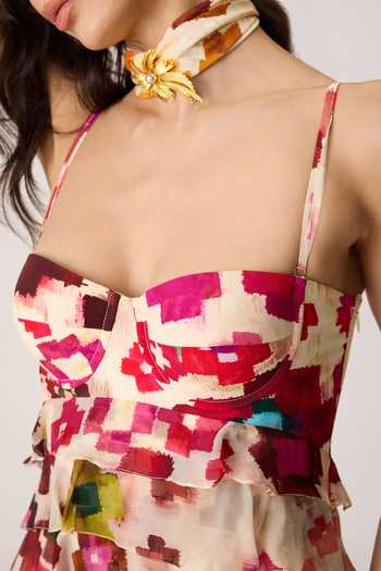 Saaksha & Kinni_Multi Color Crepe, Chiffon Sweetheart Neck Martina Printed Dress _Online_at_Aza_Fashions