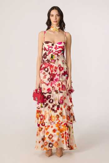 Buy_Saaksha & Kinni_Multi Color Crepe, Chiffon Sweetheart Neck Martina Printed Dress _Online_at_Aza_Fashions