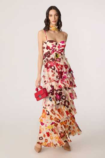 Shop_Saaksha & Kinni_Multi Color Crepe, Chiffon Sweetheart Neck Martina Printed Dress _Online_at_Aza_Fashions