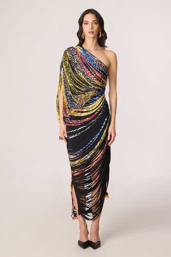 Shop_Saaksha & Kinni_Multi Color Chiffon, Lycra Embroidery, Mirrors, Tassels One Viola Print Dress _Online_at_Aza_Fashions