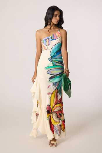 Shop Saaksha & Kinni Multi Color Crepe One Shoulder Dorothy Print Dress Online at Aza Fashions Shop_Saaksha & Kinni_Multi Color Crepe One Shoulder Dorothy Print Dress _Online_at_Aza_Fashions