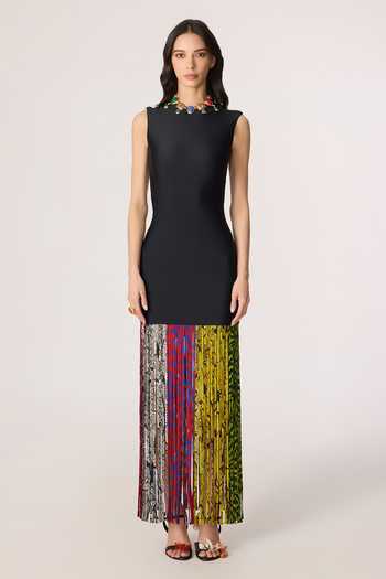 Shop_Saaksha & Kinni_Black Lycra, Chiffon Tassels, Fringe High Neck Zyra Hem Sleeveless Dress _Online_at_Aza_Fashions