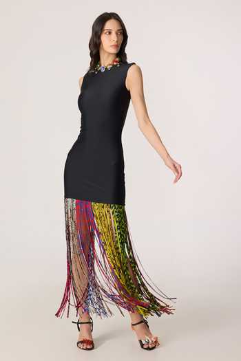 Saaksha & Kinni_Black Lycra, Chiffon Tassels, Fringe High Neck Zyra Hem Sleeveless Dress _at_Aza_Fashions