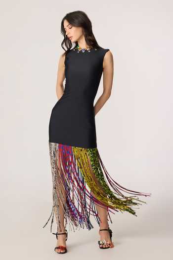 Buy_Saaksha & Kinni_Black Lycra, Chiffon Tassels, Fringe High Neck Zyra Hem Sleeveless Dress 