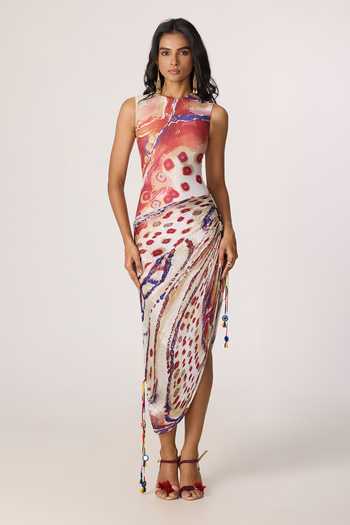 Saaksha & Kinni_Multi Color Chiffon, Jersey, Polyester Mirrors, Tassels High Winslet Print Dress _Online_at_Aza_Fashions