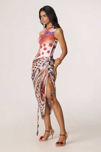 Buy_Saaksha & Kinni_Multi Color Chiffon, Jersey, Polyester Mirrors, Tassels High Winslet Print Dress _Online_at_Aza_Fashions
