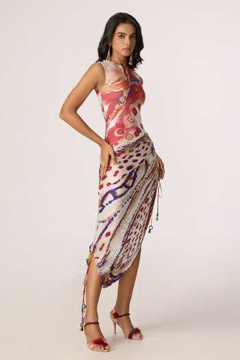 Shop_Saaksha & Kinni_Multi Color Chiffon, Jersey, Polyester Mirrors, Tassels High Winslet Print Dress _Online_at_Aza_Fashions