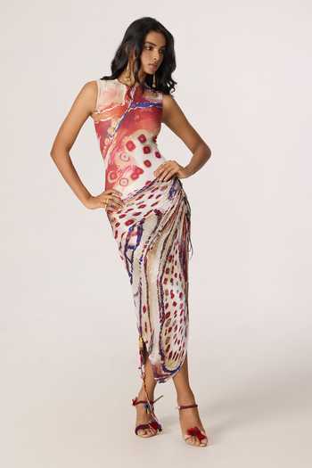 Saaksha & Kinni_Multi Color Chiffon, Jersey, Polyester Mirrors, Tassels High Winslet Print Dress _at_Aza_Fashions