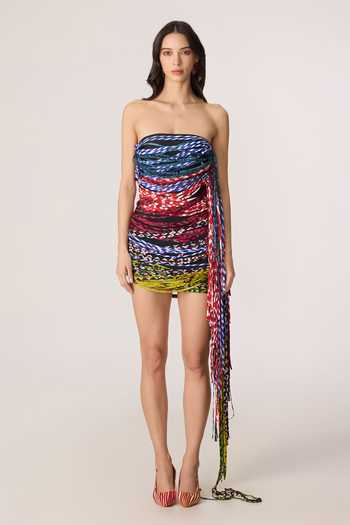 Saaksha & Kinni_Multi Color Chiffon, Lycra Tassels Bandeau Neck Riley Dress _Online_at_Aza_Fashions