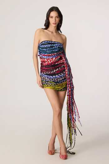 Buy_Saaksha & Kinni_Multi Color Chiffon, Lycra Tassels Bandeau Neck Riley Dress _Online_at_Aza_Fashions