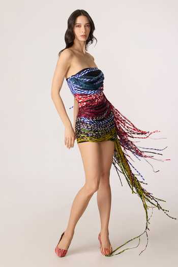 Shop_Saaksha & Kinni_Multi Color Chiffon, Lycra Tassels Bandeau Neck Riley Dress _Online_at_Aza_Fashions