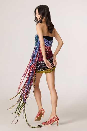 Saaksha & Kinni_Multi Color Chiffon, Lycra Tassels Bandeau Neck Riley Dress _at_Aza_Fashions