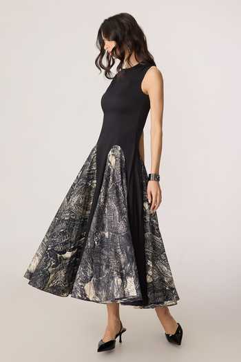 Shop_Saaksha & Kinni_Black Cotton Round Neck Seria Print Midi Dress _Online_at_Aza_Fashions