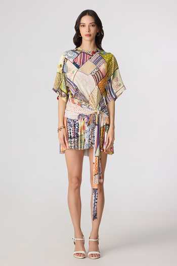 Saaksha & Kinni_Multi Color Satin, Jersey High Neck Lisseth Print Short Dress _Online_at_Aza_Fashions