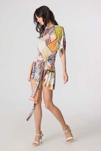 Shop_Saaksha & Kinni_Multi Color Satin, Jersey High Neck Lisseth Print Short Dress _Online_at_Aza_Fashions