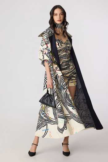 Buy_Saaksha & Kinni_Multi Color Crepe Tassels Shawl Neck Helena Print Trench Coat _Online_at_Aza_Fashions