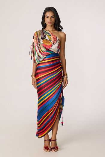 Saaksha & Kinni_Multi Color Chiffon, Polyester Embroidery, Mirrors, Tassels Mira Printed Dress _Online_at_Aza_Fashions