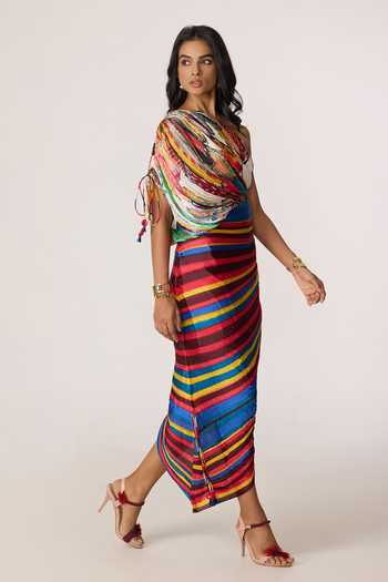 Saaksha & Kinni_Multi Color Chiffon, Polyester Embroidery, Mirrors, Tassels Mira Printed Dress _at_Aza_Fashions