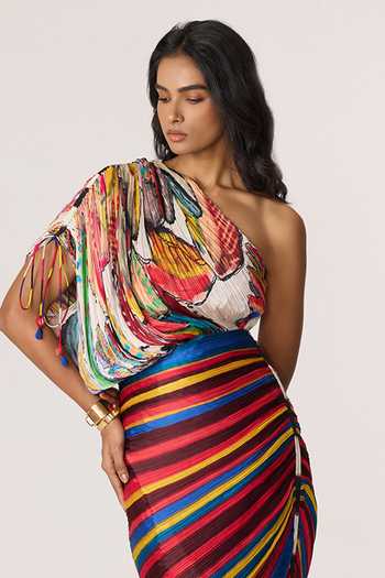 Shop_Saaksha & Kinni_Multi Color Chiffon, Polyester Embroidery, Mirrors, Tassels Mira Printed Dress 