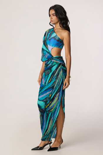 Saaksha & Kinni_Multi Color Silk, Cotton, Lycra Mirrors, Tassels One Linny Printed Dress _Online_at_Aza_Fashions