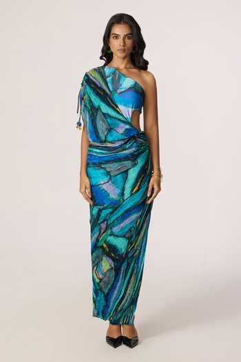 Shop_Saaksha & Kinni_Multi Color Silk, Cotton, Lycra Mirrors, Tassels One Linny Printed Dress _Online_at_Aza_Fashions