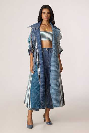 Saaksha & Kinni_Blue Denim Tassels Shawl Neck Selah Patchwork Trench Coat _Online_at_Aza_Fashions