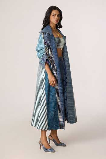 Buy_Saaksha & Kinni_Blue Denim Tassels Shawl Neck Selah Patchwork Trench Coat _Online_at_Aza_Fashions