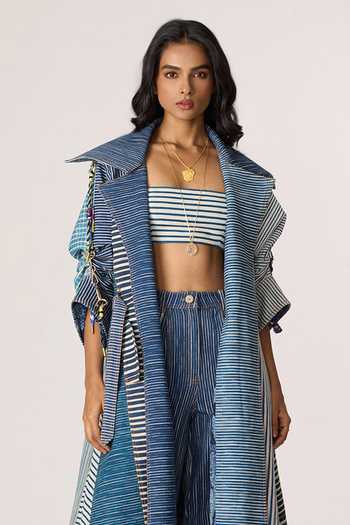 Shop_Saaksha & Kinni_Blue Denim Tassels Shawl Neck Selah Patchwork Trench Coat _Online_at_Aza_Fashions