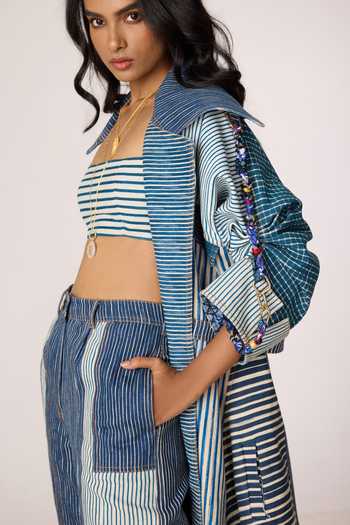 Shop_Saaksha & Kinni_Blue Denim Tassels Shawl Neck Selah Patchwork Trench Coat 