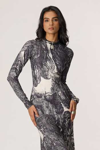 Saaksha & Kinni_Grey Jersey High Neck Lana Print Maxi Dress _Online_at_Aza_Fashions