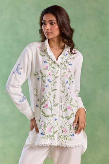 Nero India_Pink Linen Embroidery Collared Floral Top And Pant Set _at_Aza_Fashions