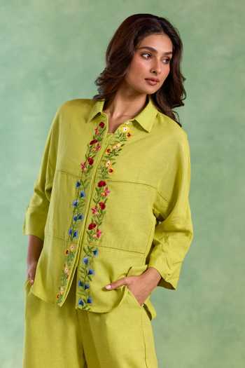 Nero India_Lime Linen Embroidery Collared Flora Shirt And Pant Set _at_Aza_Fashions