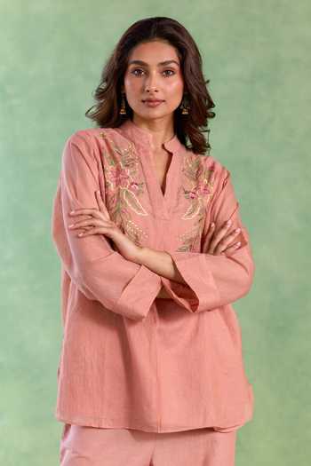 Nero India_Pink Chanderi, Linen Embroidery, Beads Mandarin Collar Old Lotus Top And Pant Set _at_Aza_Fashions