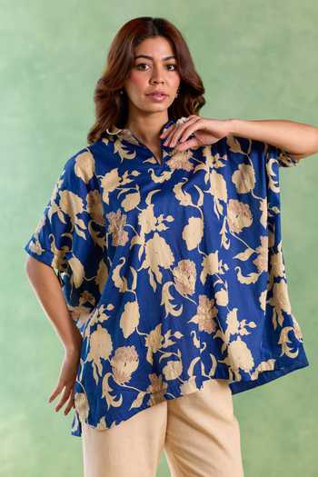 Nero India_Blue Cotton, Linen Collared Blossom Print Top And Pant Set _at_Aza_Fashions