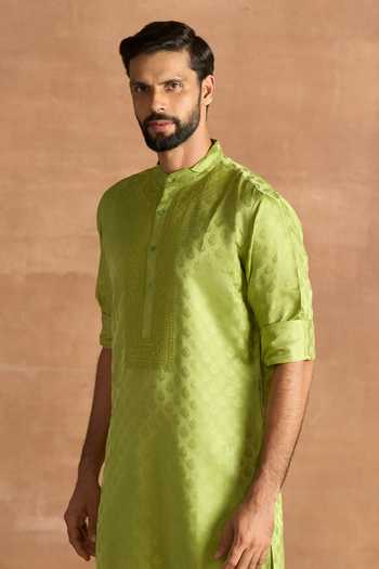 Raghavendra Rathore Jodhpur_Green Silk Embroidery Celadon Brocade Pattern Kurta _Online_at_Aza_Fashions