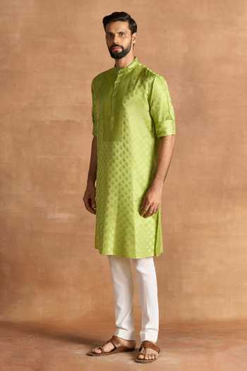 Buy_Raghavendra Rathore Jodhpur_Green Silk Embroidery Celadon Brocade Pattern Kurta _Online_at_Aza_Fashions