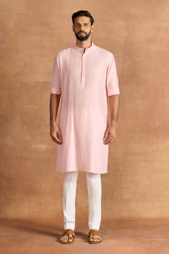Raghavendra Rathore Jodhpur_Pink Cotton Powder Pintuck Kurta _Online_at_Aza_Fashions